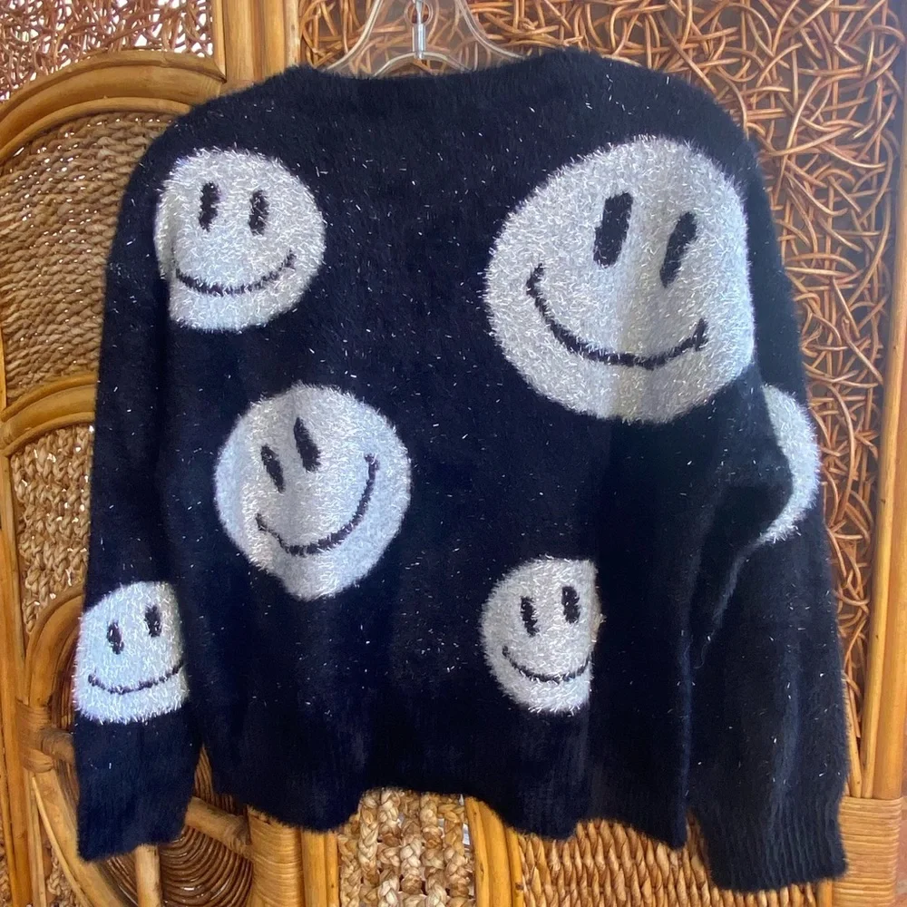 Limited Too Girls Black and White Smiley Face Sweater with Silver Threads